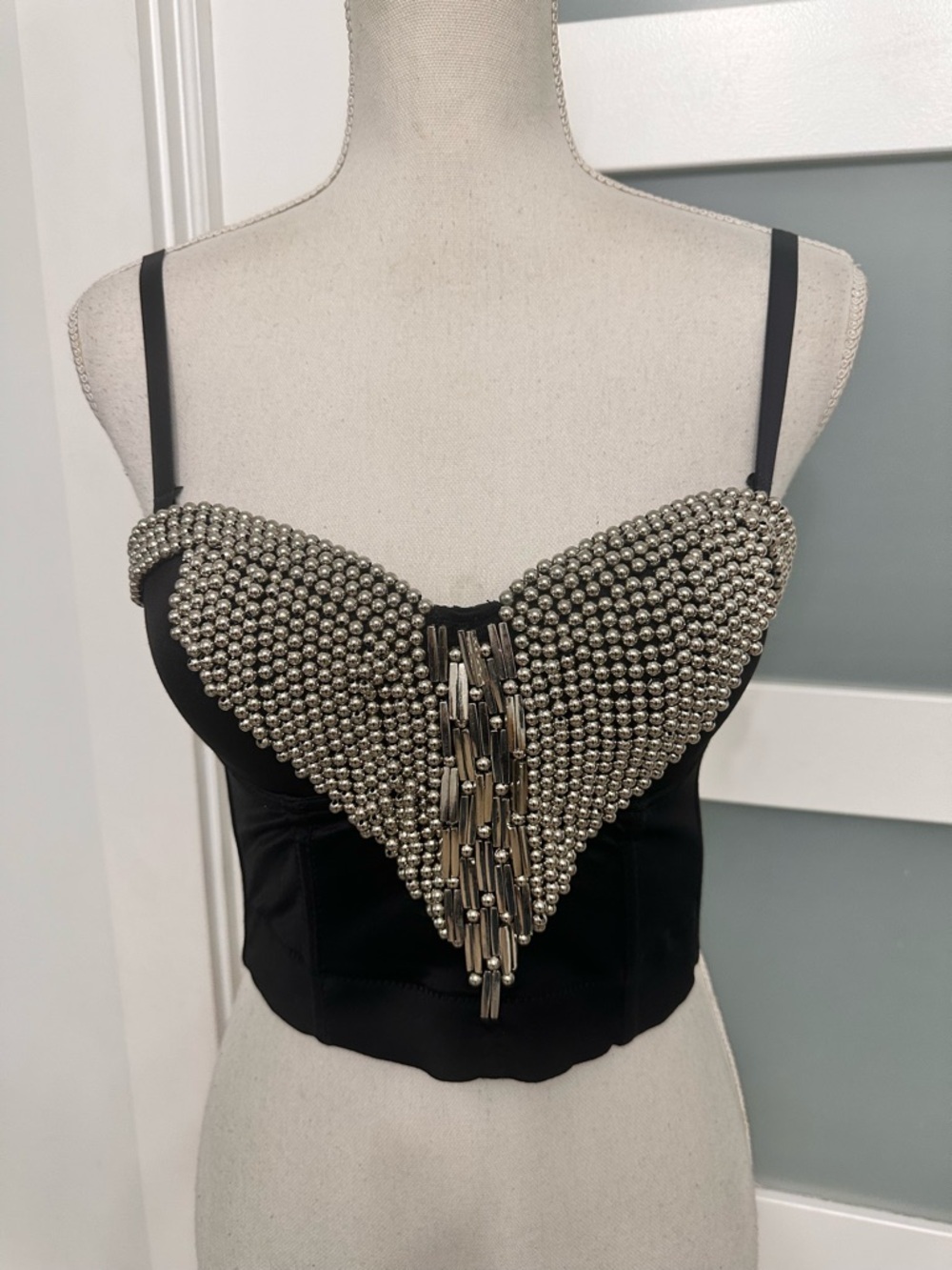 Vintage Lydia USA Black Beaded Corset Bustier Top SZ Small Fairy Grunge Festival